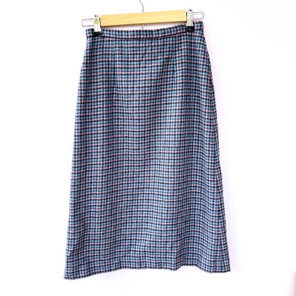 Vintage Aston Made in Scotland 100% Pure Wool Pink Blue Midi Skirt Small - Picture 6 of 9
